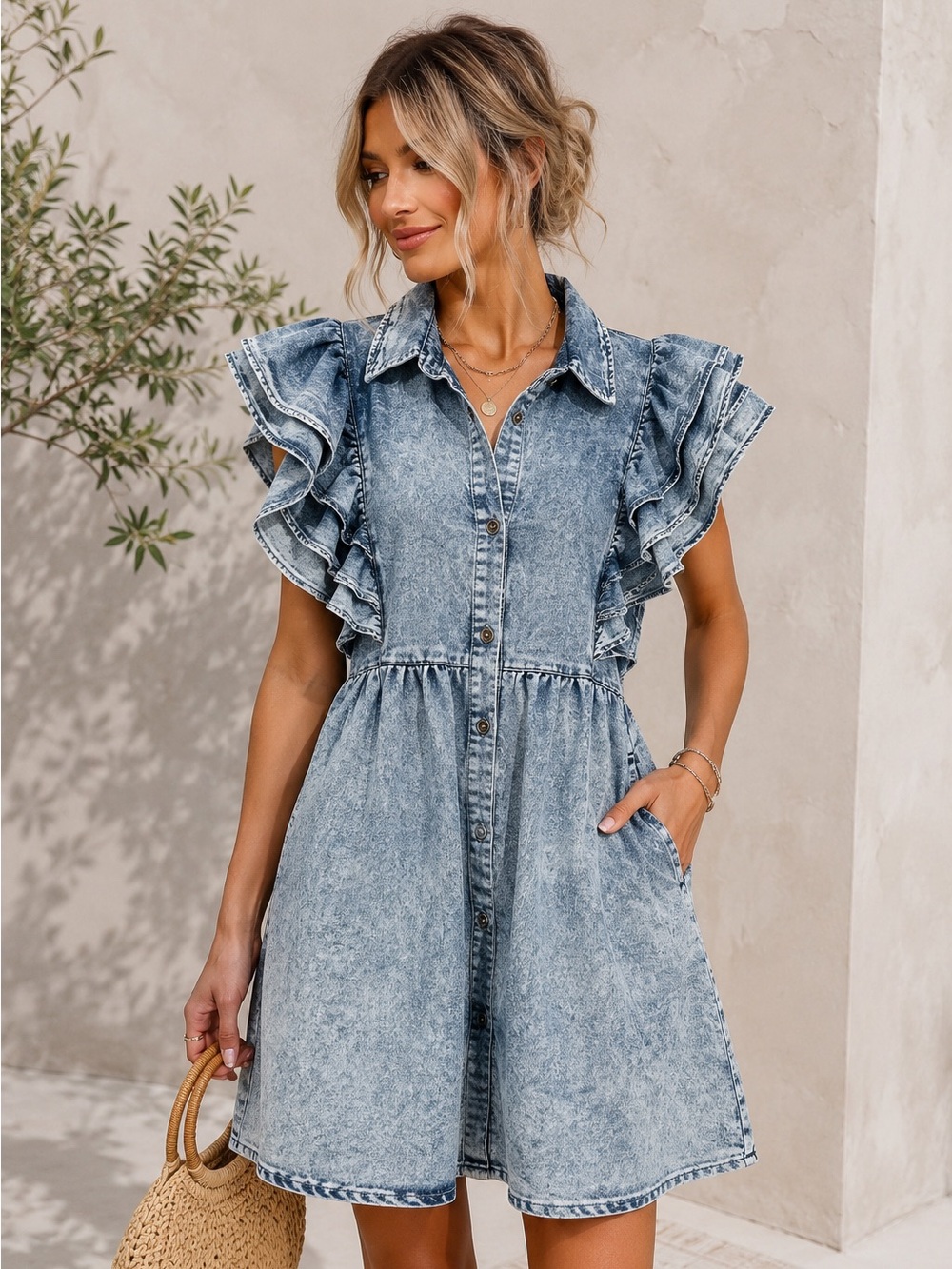 TCEC Women’s Ruffle Sleeve Acid Wash Denim Dress Size Small Y2K Coquette - Picture 10 of 11